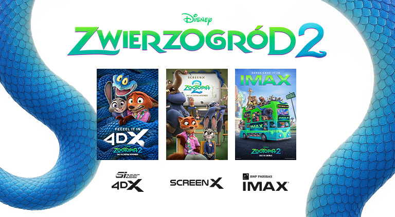 Grafika promująca film Zwierzogród 2 w formatch: 4DX, ScreenX, IMAX
